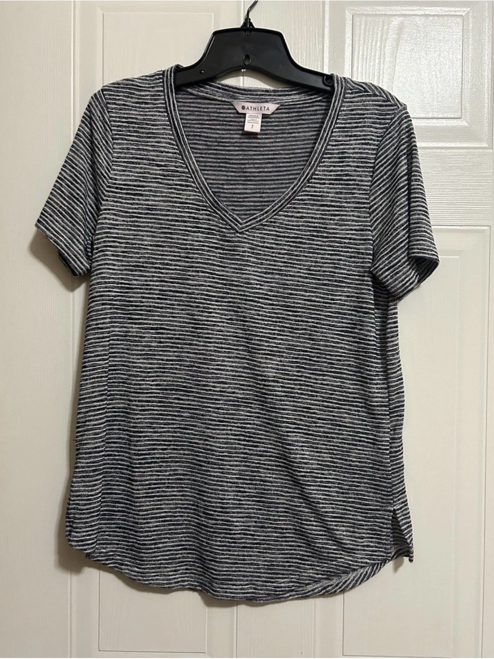 Athleta Black & White Striped V-Neck Short Sleeve Tee